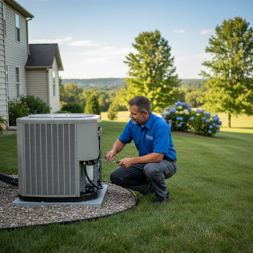 Professional Hoffner Heating and Air technician inspecting an outdoor AC unit in Western Pennsylvania, performing routine maintenance.