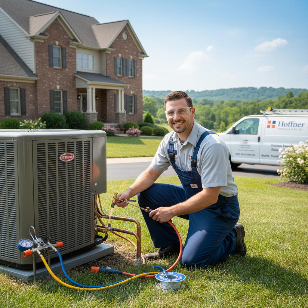 Professional Hoffner Heating and Air technician installing an HVAC unit in a Pitcairn, Western Pennsylvania home.