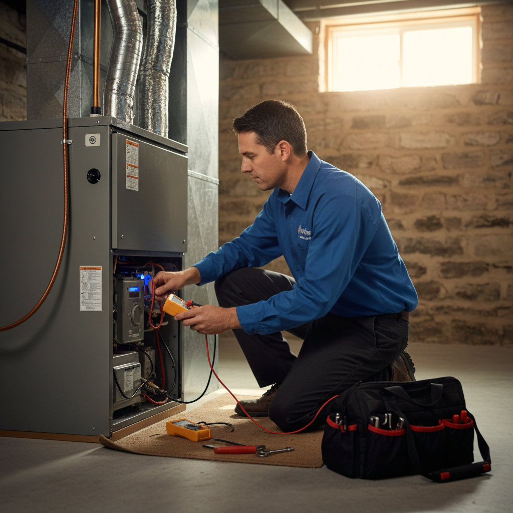 Professional HVAC technician inspecting a furnace, ensuring reliable heating in Pitcairn, Western Pennsylvania.