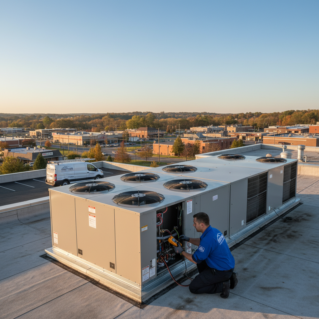 Skilled Hoffner Heating and Air professional inspecting a commercial HVAC system in Monroeville, PA.