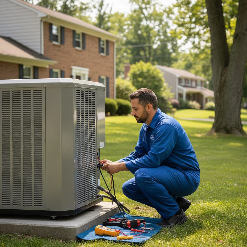 Skilled Hoffner Heating technician installing a new air conditioning unit for a home in Monroeville, PA.
