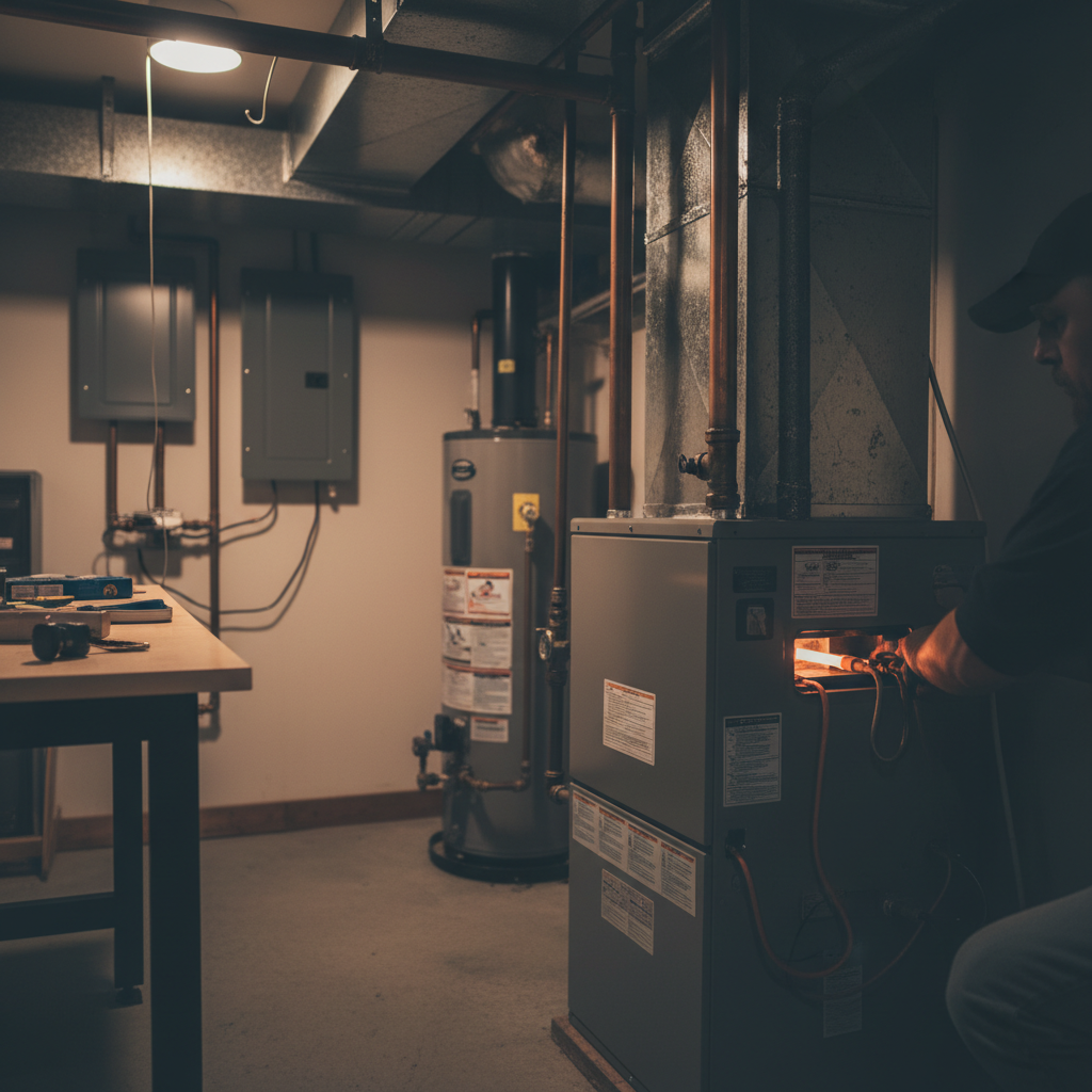 Subtle, atmospheric photograph of a technician performing a furnace igniter replacement in a Pitcairn, PA home.