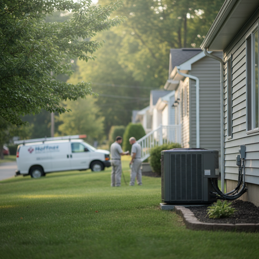 Subtle backyard view of an air conditioner unit in Pitcairn, PA, with a service van nearby.