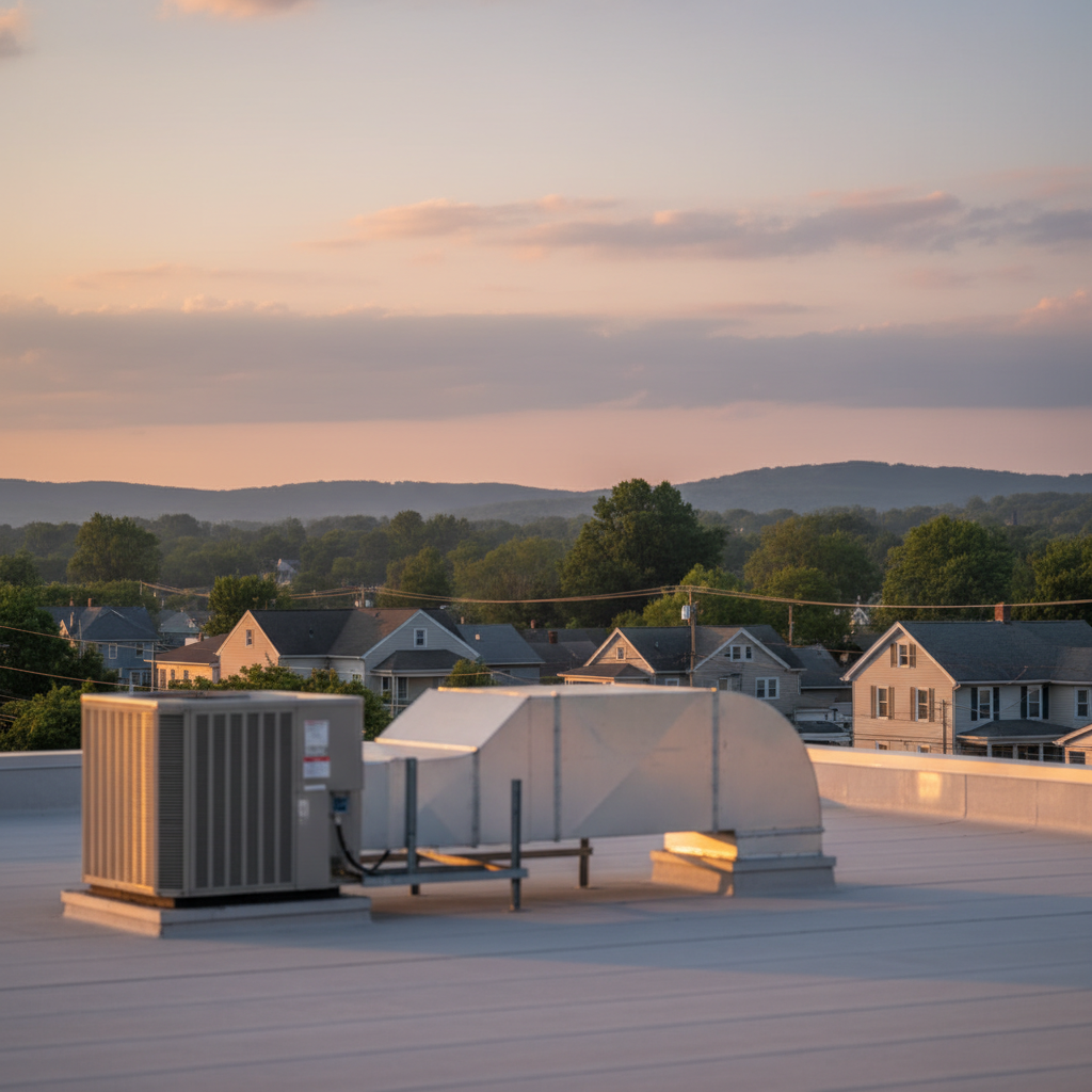Subtle rooftop commercial HVAC installation with Pitcairn, PA neighborhood and hills in the background during sunset.