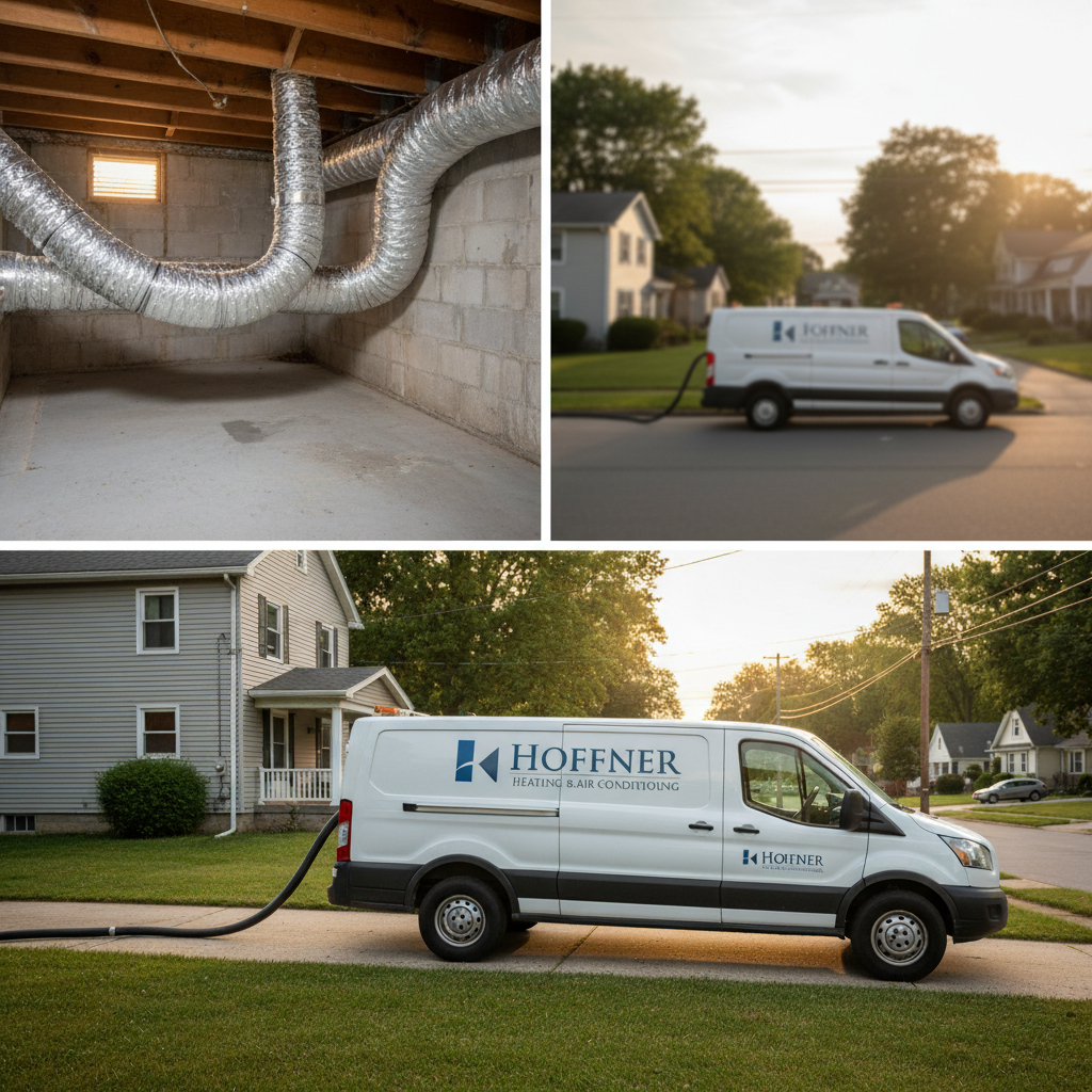 Subtle shot of an Hoffner van during AC duct cleaning service in a quiet Pitcairn, PA neighborhood.