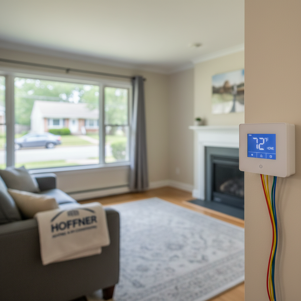 Subtle view of a new thermostat installation by Hoffner Heating & Air Conditioning in a Pitcairn, PA home.